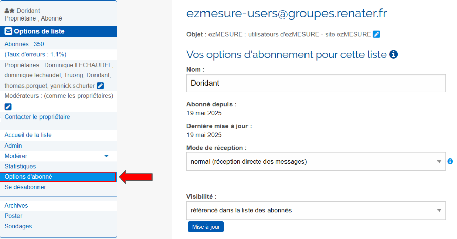 Liste de diffusion Menu option d'abonné